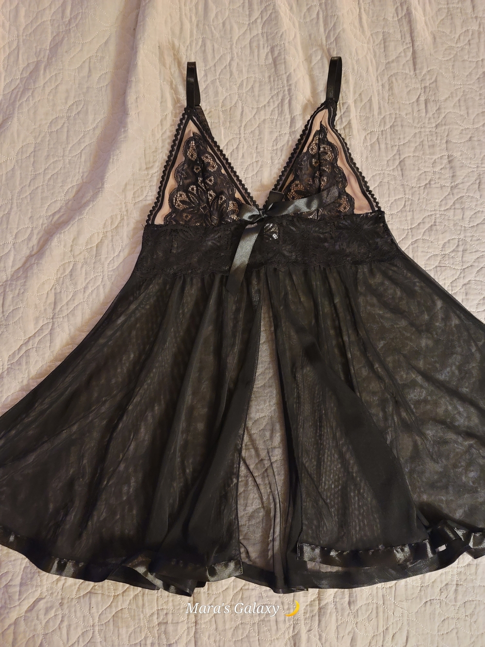 Daisy Fuentes Black Sheer Mesh Lace Trim Babydoll Lingerie - Size L